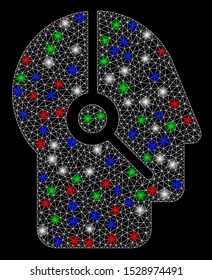 Bright mesh operator with glow effect. White wire carcass polygonal mesh in vector format on a black background. Abstract 2d mesh designed with triangular lines, dots, colorful light spots.