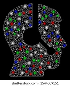 Bright mesh operator with glow effect. White wire frame triangular network in vector format on a black background. Abstract 2d mesh designed with triangular lines, small circle, colorful glare spots.