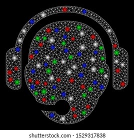 Bright mesh operator head with glare effect. White wire carcass triangular mesh in vector format on a black background. Abstract 2d mesh created from triangular lines, round dots, colored glare spots.