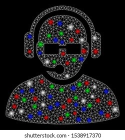 Bright mesh operator with lightspot effect. White wire carcass triangular mesh in vector format on a black background. Abstract 2d mesh created from triangular lines, round dots, colored light spots.