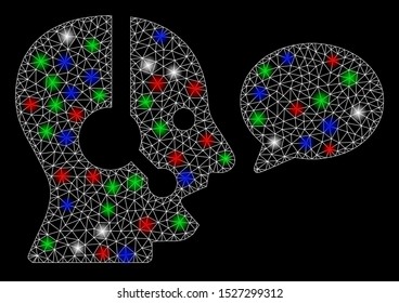 Bright mesh operator message balloon with lightspot effect. White wire frame triangular mesh in vector format on a black background. Abstract 2d mesh designed with triangular lines, round dots,