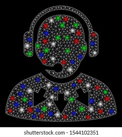 Bright mesh operator message with glare effect. White wire carcass polygonal mesh in vector format on a black background. Abstract 2d mesh designed with polygonal grid, small circle,