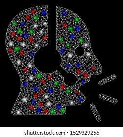 Bright mesh operator message with glow effect. White wire frame triangular mesh in vector format on a black background. Abstract 2d mesh designed with triangular lines, small circle,