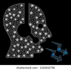 Bright mesh operator shout with glare effect. Abstract illuminated model of operator shout icon. Shiny wire carcass triangular network operator shout. Vector abstraction on a black background.