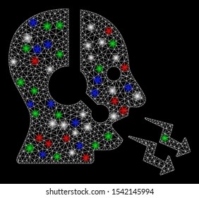 Bright mesh operator shout with glare effect. White wire carcass polygonal mesh in vector format on a black background. Abstract 2d mesh created from polygonal grid, spheric points,