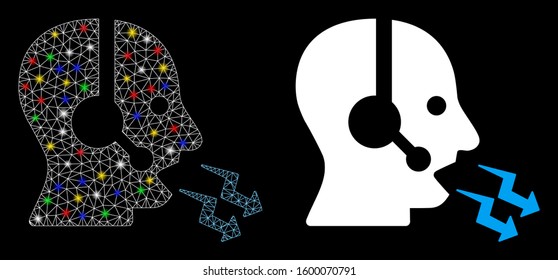 Bright mesh operator shout icon with glare effect. Abstract illuminated model of operator shout. Shiny wire carcass triangular mesh operator shout icon. Vector abstraction on a black background.