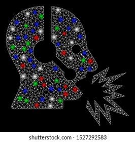 Bright mesh operator shout with lightspot effect. White wire carcass polygonal mesh in vector format on a black background. Abstract 2d mesh designed with polygonal grid, dots, colorful flare spots.