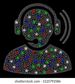 Bright mesh operator signal with lightspot effect. White wire carcass triangular mesh in vector format on a black background. Abstract 2d mesh designed with triangular lines, dots,