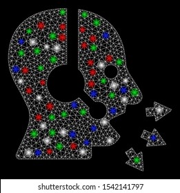 Bright mesh operator speak with glare effect. White wire carcass polygonal network in vector format on a black background. Abstract 2d mesh built from polygonal grid, round dots, colorful glare spots.