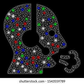 Bright mesh operator speech with glare effect. White wire carcass triangular mesh in vector format on a black background. Abstract 2d mesh created from polygonal grid, small circle,
