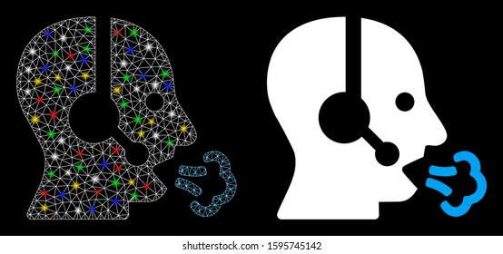 Bright mesh operator speech icon with glow effect. Abstract illuminated model of operator speech. Shiny wire carcass triangular mesh operator speech icon. Vector abstraction on a black background.