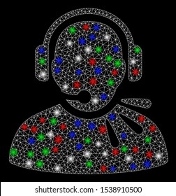 Bright mesh operator speech with lightspot effect. White wire frame polygonal mesh in vector format on a black background. Abstract 2d mesh designed with triangular lines, dots, colorful light spots.
