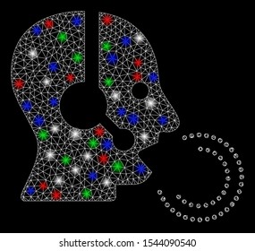 Bright mesh operator speech with lightspot effect. White wire frame triangular mesh in vector format on a black background. Abstract 2d mesh designed with polygonal grid, dots, colored flare spots.