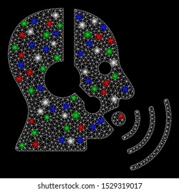 Bright mesh operator talking sound waves with lightspot effect. White wire carcass polygonal network in vector format on a black background. Abstract 2d mesh designed with polygonal grid, points,