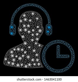 Bright mesh operator time with glow effect. Abstract illuminated model of operator time icon. Shiny wire carcass triangular mesh operator time. Vector abstraction on a black background.