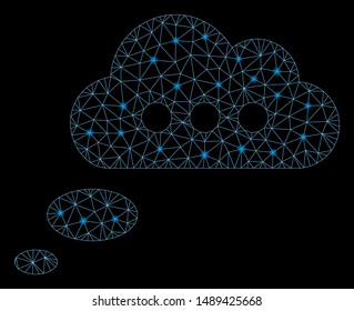 Bright mesh opinion cloud with glare effect. Abstract illuminated model of opinion cloud icon. Shiny wire carcass polygonal mesh opinion cloud. Vector abstraction on a black background.
