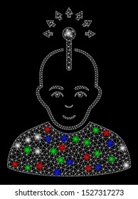 Bright mesh optical neural interface with glare effect. White wire carcass polygonal mesh in vector format on a black background. Abstract 2d mesh designed with polygonal grid, small circle,