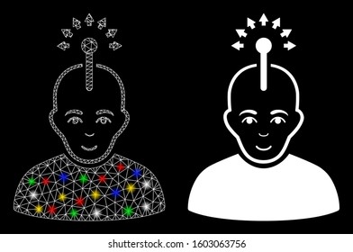 Bright mesh optical neural interface icon with glow effect. Abstract illuminated model of optical neural interface. Shiny wire carcass triangular mesh optical neural interface icon.