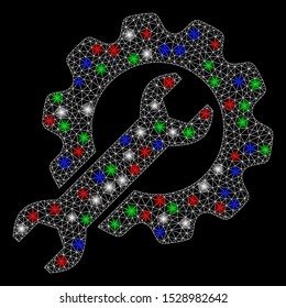 Bright mesh options with glow effect. White wire frame triangular mesh in vector format on a black background. Abstract 2d mesh designed with polygonal grid, spheric points, colored flare spots.