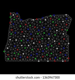 Bright mesh Oregon State map with lightspot effect. Wire carcass polygonal mesh in vector format on a black background. Abstract 2d mesh designed with polygonal grid, dots, colored glare spots.