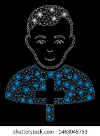 Bright mesh Orthodox priest with glare effect. Abstract illuminated model of Orthodox priest icon. Shiny wire frame polygonal network Orthodox priest. Vector abstraction on a black background.