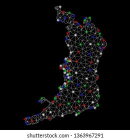 Bright mesh Osaka Prefecture map with glare effect. Wire frame polygonal network in vector format on a black background. Abstract 2d mesh designed with polygonal grid, round dots, colored glare spots.