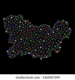 Bright mesh Ourense Province map with lightspot effect. Wire frame polygonal mesh in vector format on a black background. Abstract 2d mesh designed with polygonal grid, dots, colorful flash spots.