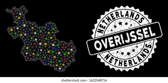 Bright mesh Overijssel Province map with glare effect, and seal stamp. Wire frame triangular Overijssel Province map network in vector format on a black background.
