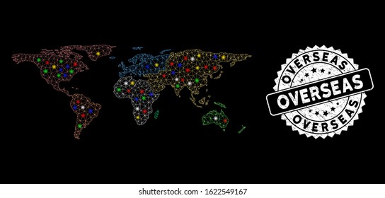 Bright mesh overseas map with glare effect, and seal stamp. Wire frame triangular overseas map mesh in vector format on a black background. White round seal with scratched textures.
