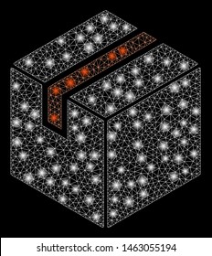 Bright mesh package with glitter effect. Abstract illuminated model of package icon. Shiny wire carcass triangular mesh package. Vector abstraction on a black background.