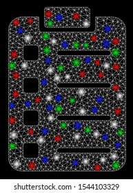 Bright mesh pad form with lightspot effect. White wire carcass triangular mesh in vector format on a black background. Abstract 2d mesh designed with polygonal grid, round dots, colorful flare spots.