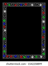Bright mesh page with glow effect. White wire frame triangular mesh in vector format on a black background. Abstract 2d mesh designed with triangular lines, spheric points, colorful glare spots.