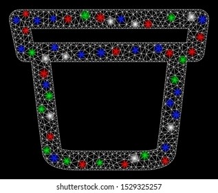 Bright mesh pail with lightspot effect. White wire carcass triangular mesh in vector format on a black background. Abstract 2d mesh designed with triangular lines, spheric points, colored glare spots.
