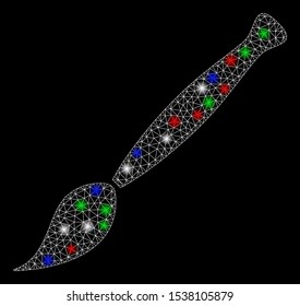 Bright mesh paint brush with glow effect. White wire carcass triangular mesh in vector format on a black background. Abstract 2d mesh designed with triangular lines, points, colorful flare spots.
