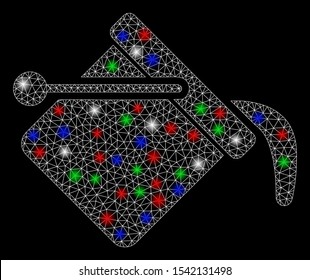 Bright mesh paint bucket with glare effect. White wire frame triangular mesh in vector format on a black background. Abstract 2d mesh designed with triangular lines, round dots, colorful flare spots.