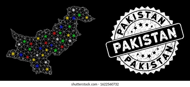 Bright mesh Pakistan map with lightspot effect, and watermark. Wire carcass triangular Pakistan map mesh in vector format on a black background. White round rubber stamp with dirty textures.