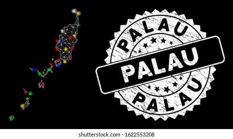 Bright mesh Palau map with lightspot effect, and stamp. Wire carcass triangular Palau map mesh in vector format on a black background. White round seal stamp with distress texture.