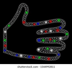 Bright mesh pan fingers with glare effect. White wire carcass triangular mesh in vector format on a black background. Abstract 2d mesh designed with triangular lines, dots, colorful flare spots.