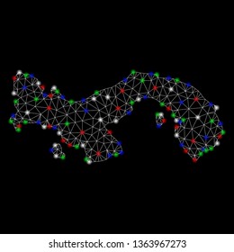 Bright mesh Panama map with glow effect. Wire carcass triangular mesh in vector format on a black background. Abstract 2d mesh designed with triangular lines, spheric points, colorful flash spots.