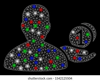 Bright mesh panhandler with glow effect. White wire carcass polygonal mesh in vector format on a black background. Abstract 2d mesh created from polygonal grid, dots, colored light spots.