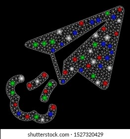 Bright mesh paper airplane start with glare effect. White wire frame polygonal network in vector format on a black background. Abstract 2d mesh designed with triangles, spheric points,