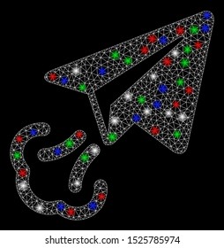 Bright mesh paper plane start with lightspot effect. White wire frame polygonal mesh in vector format on a black background. Abstract 2d mesh designed with polygonal grid, round dots,