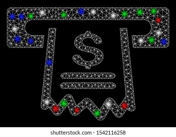 Bright mesh paper receipt machine with glare effect. White wire frame polygonal mesh in vector format on a black background. Abstract 2d mesh designed with polygonal grid, points, colored flash spots.