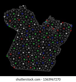 Bright mesh Paral State map with glare effect. Wire frame polygonal mesh in vector format on a black background. Abstract 2d mesh built from triangles, dots, colorful glare spots.