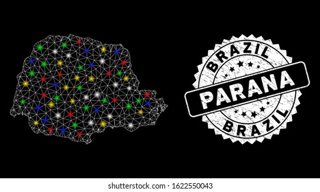 Bright mesh Parana State map with lightspot effect, and watermark. Wire frame triangular Parana State map mesh in vector format on a black background. White round seal with grunged texture.