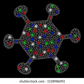 Bright mesh parasite microbe with glare effect. White wire carcass triangular mesh in vector format on a black background. Abstract 2d mesh designed with triangular lines, points, colored glare spots.