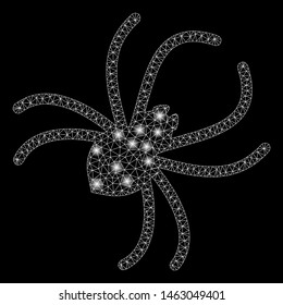 Bright mesh parasite spider with lightspot effect. Abstract illuminated model of parasite spider icon. Shiny wire carcass polygonal mesh parasite spider. Vector abstraction on a black background.