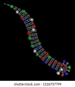 Bright mesh parasite worm with glare effect. White wire frame triangular network in vector format on a black background. Abstract 2d mesh designed with triangular lines, dots, colored glare spots.