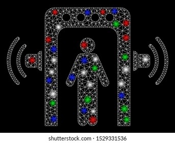 Bright mesh passenger control with lightspot effect. White wire carcass polygonal mesh in vector format on a black background. Abstract 2d mesh designed with polygonal grid, points,