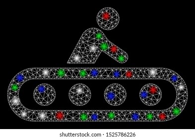 Bright mesh passenger conveyor with glare effect. White wire frame triangular mesh in vector format on a black background. Abstract 2d mesh designed with triangular lines, dots, colored flash spots.